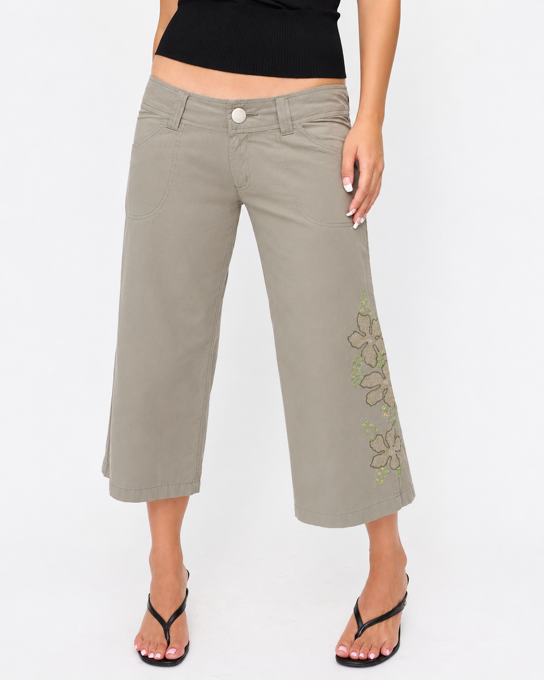 Sequin Embellished 3/4 Length Pant - Khaki