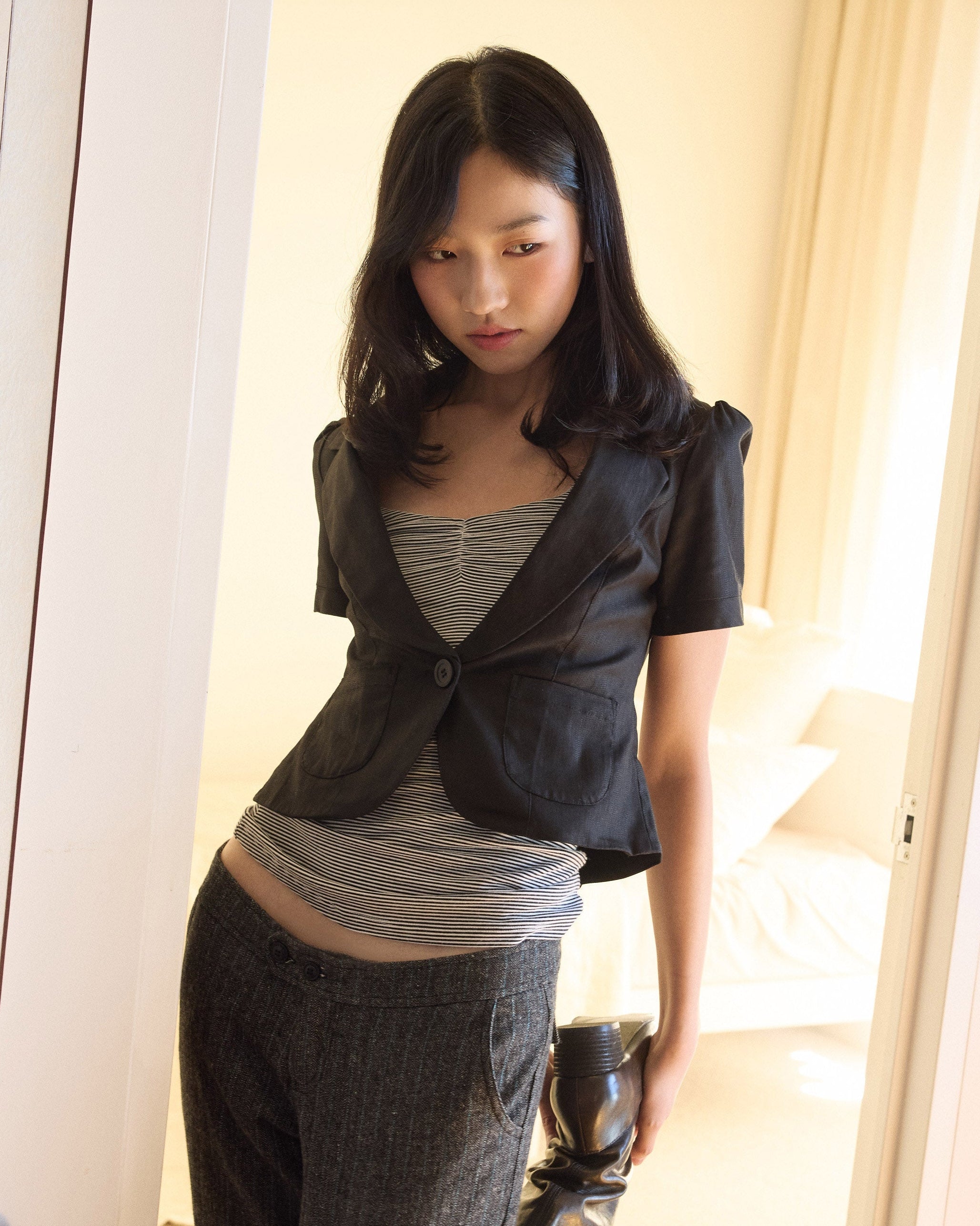 Short Puff Sleeve Panelled Blazer Top