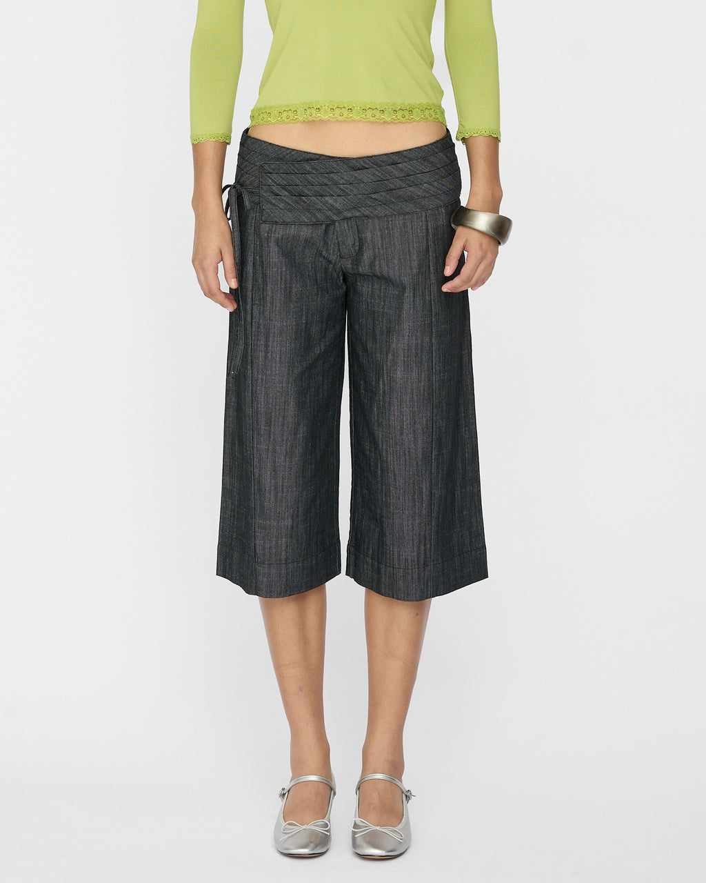 Wide Waistband Tie Capri - Charcoal