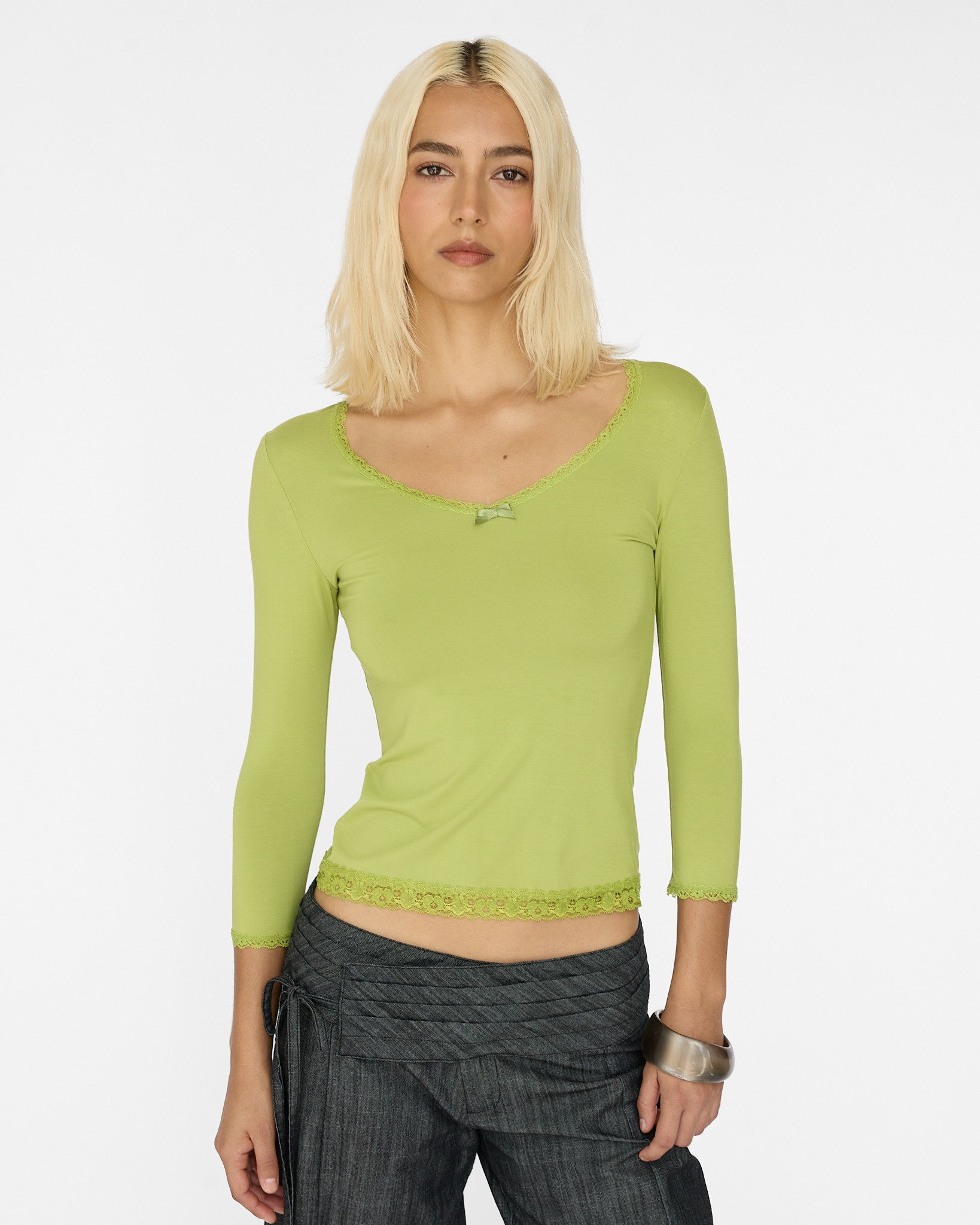 Lace Neckline Long Sleeve - Chartreuse