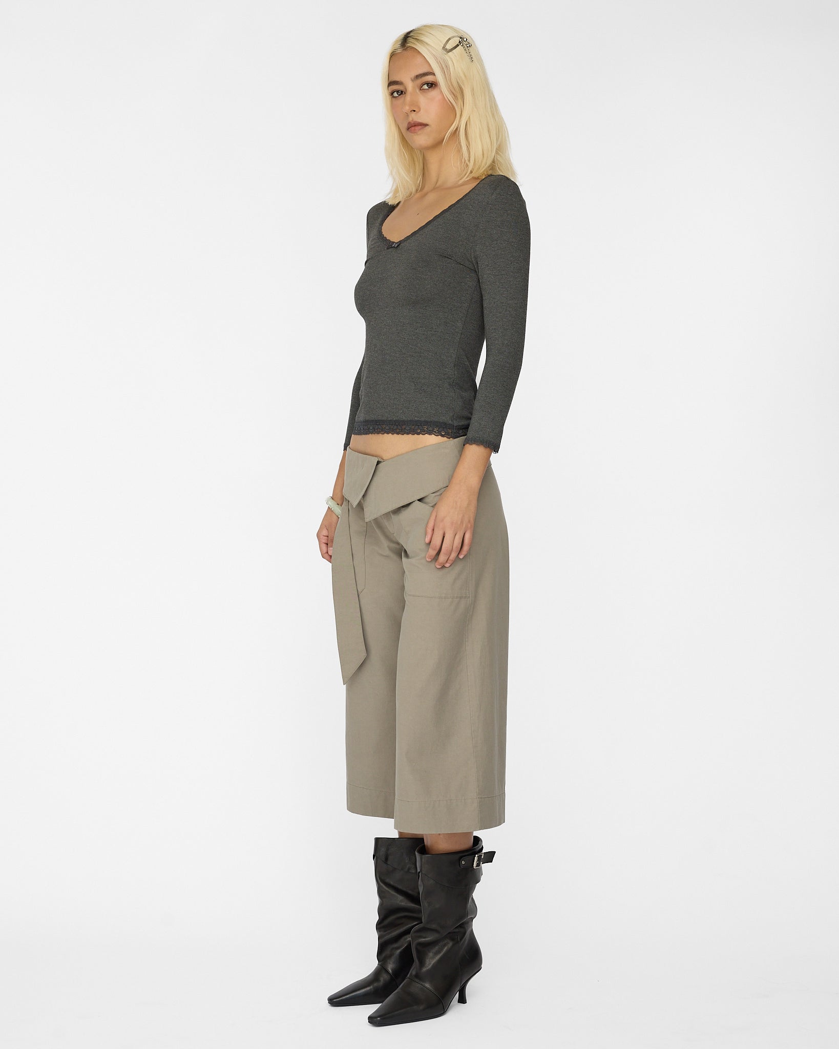 Lace Neckline Long Sleeve - Charcoal