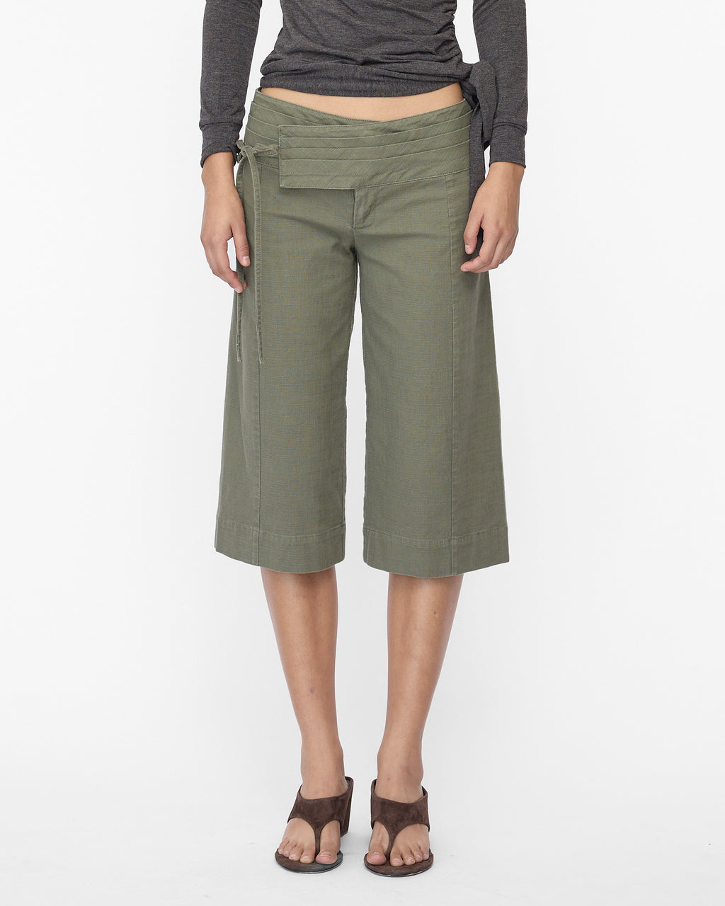 Wide Waistband Tie Capri - Khaki