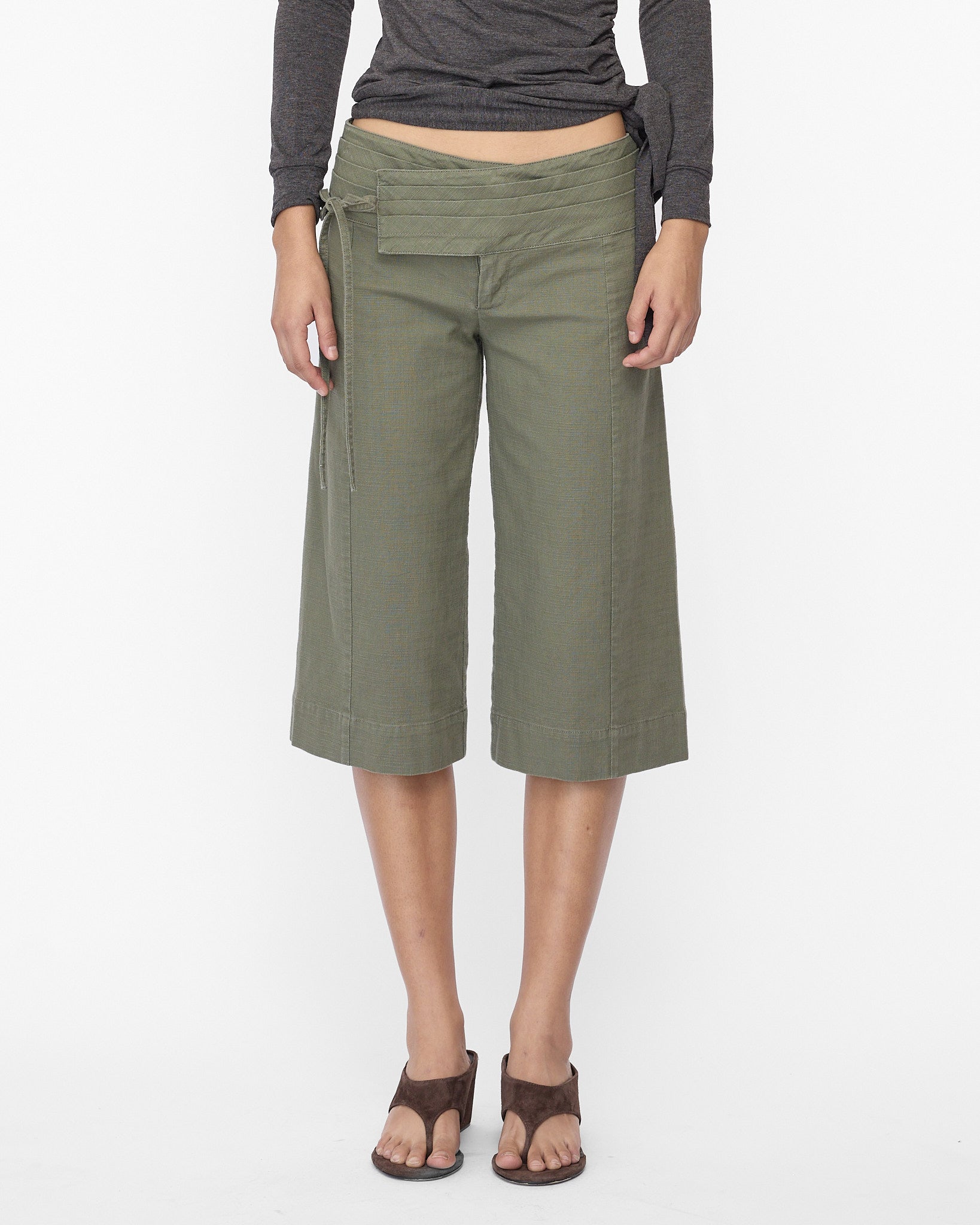 Wide Waistband Tie Capri - Khaki