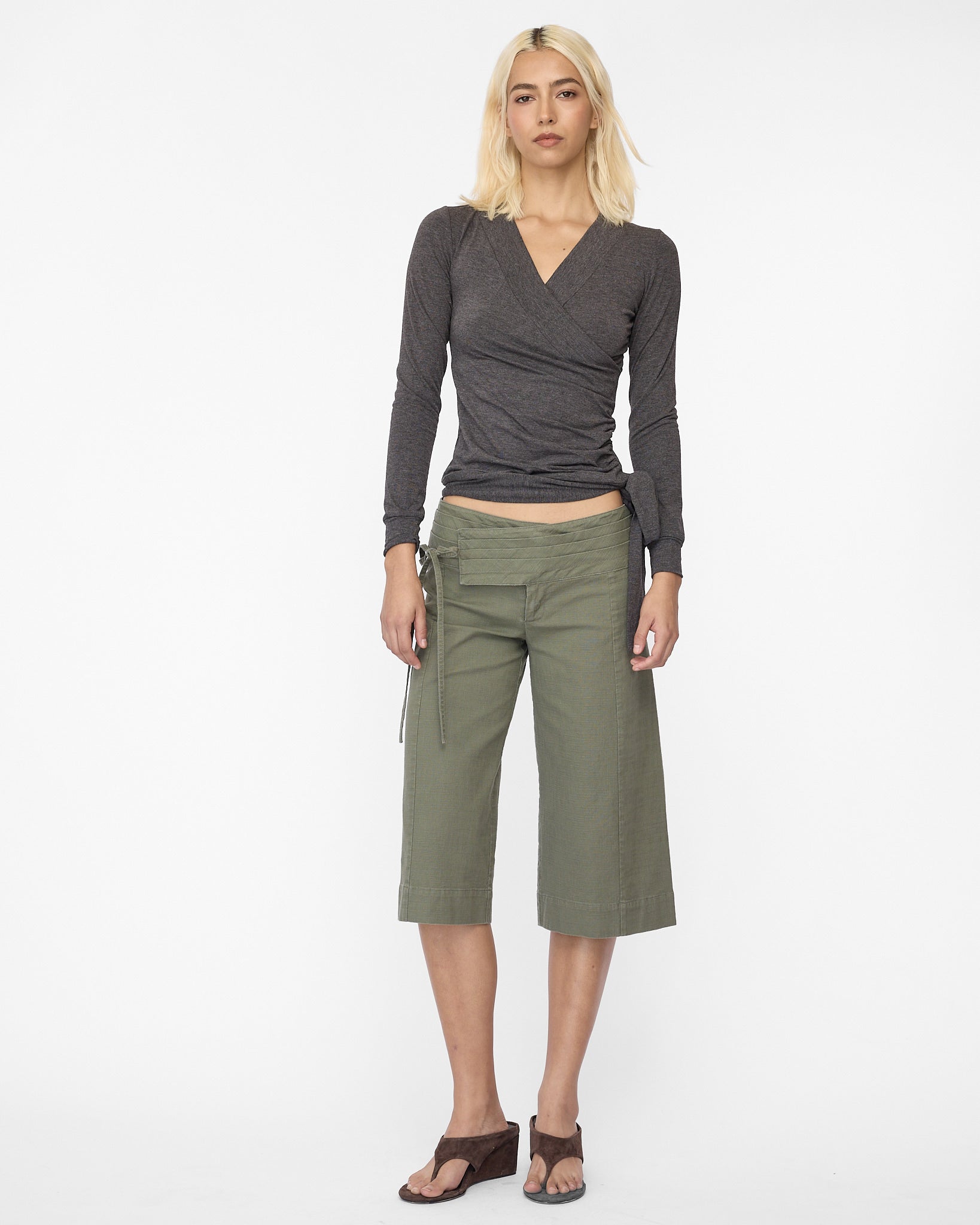 Wide Waistband Tie Capri - Khaki