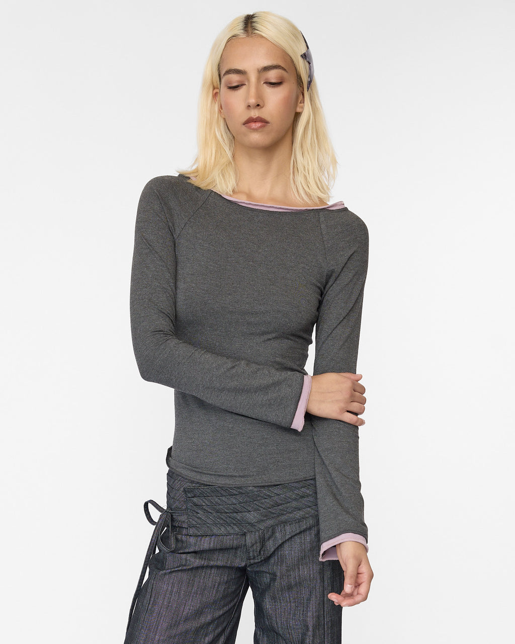 Layered Boat Neck Long Sleeve - Charcoal Mauve