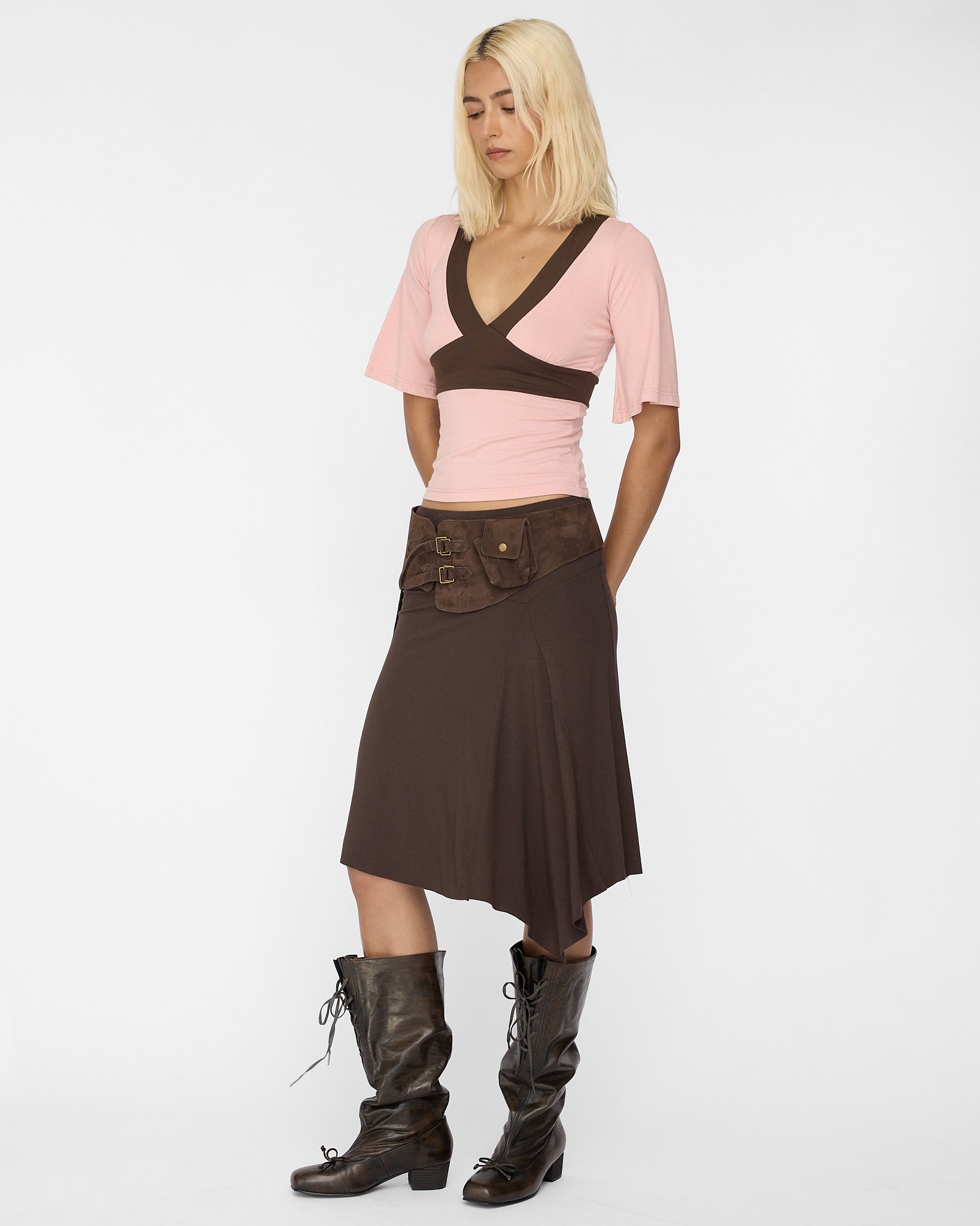 Contrast Flare Sleeve Jersey Top - Pink