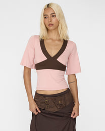 Contrast Flare Sleeve Jersey Top - Pink