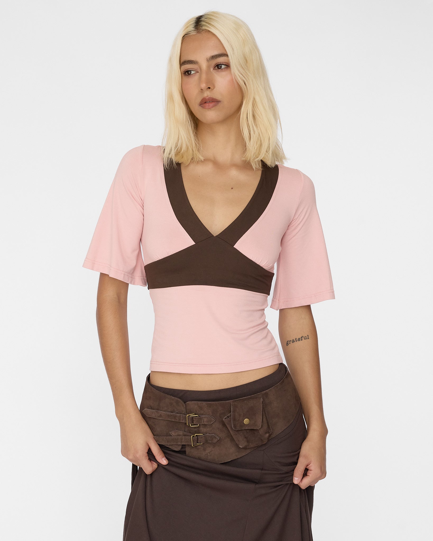 Contrast Flare Sleeve Jersey Top - Pink
