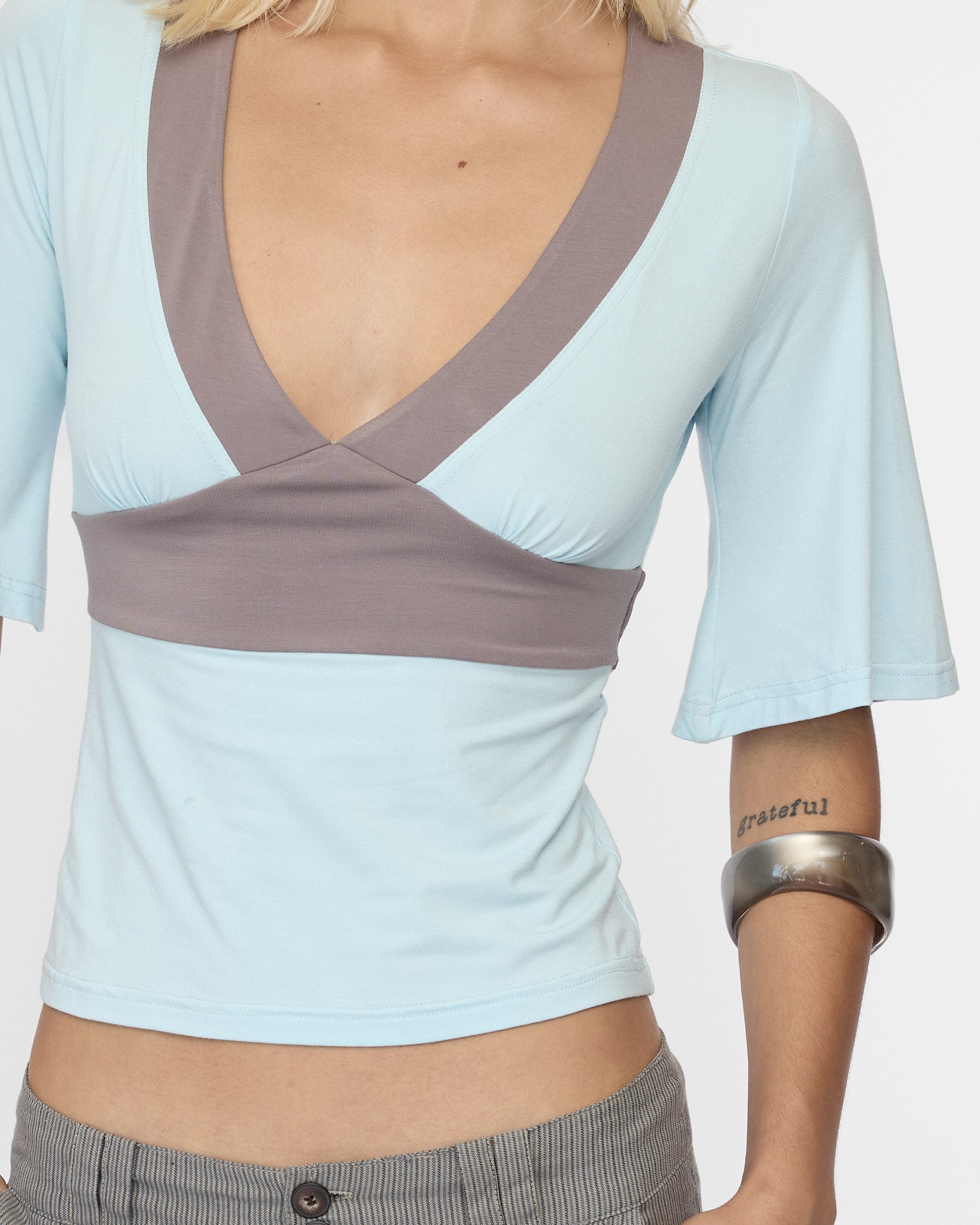 Contrast Flare Sleeve Jersey Top - Icy Blue