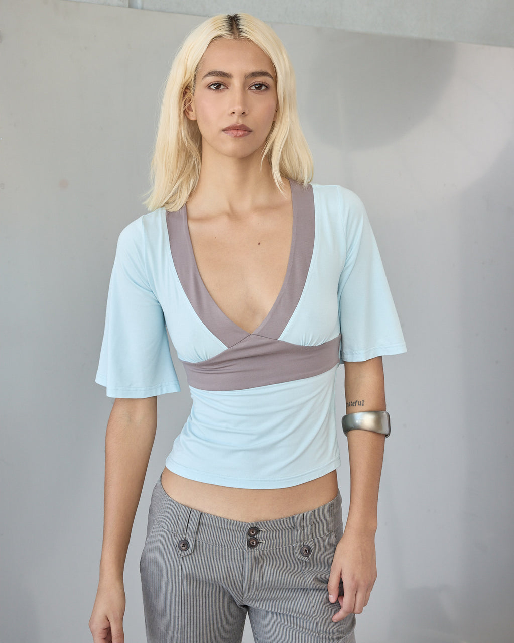 Contrast Flare Sleeve Jersey Top - Icy Blue