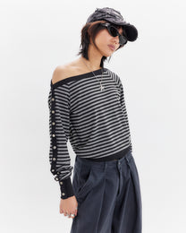 Snap Button Stripey Long Sleeve Top