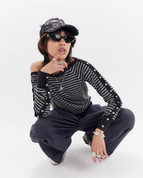 Snap Button Stripey Long Sleeve Top