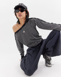 Snap Button Stripey Long Sleeve Top